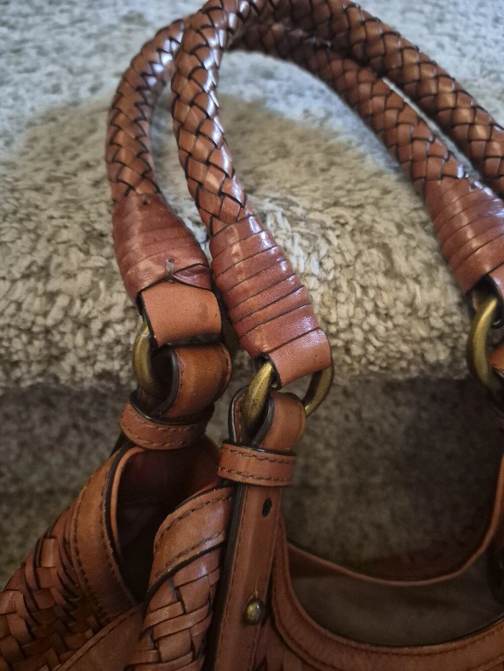 Cole Haan Genevieve Woven Leather Triangle Tote Hobo Bag Brown